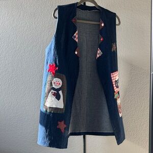 Festive Denim Vest with Snowman and Mug Patches
